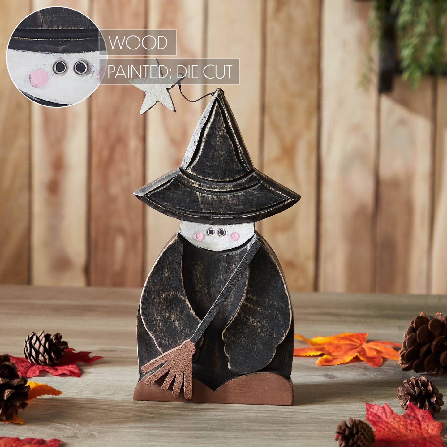 VHC Brands - Witch w/ Broom Wooden Figurine 10x5.5x1.5 - Wines'Designs