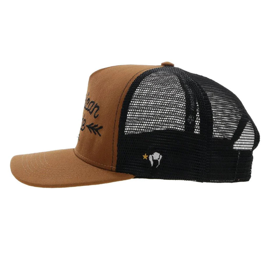 Hooey Tan / Black 5-Panel Trucker with American Made Cap Stitched in Black - OSFA