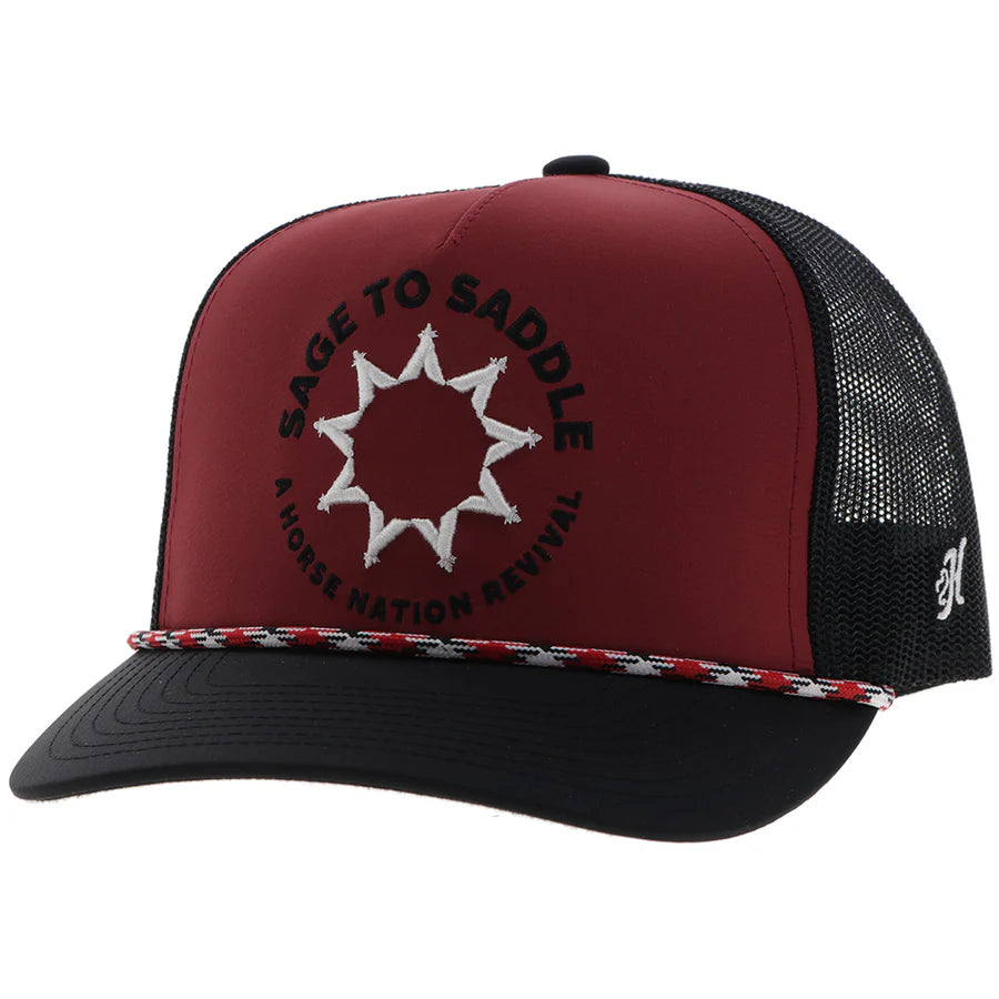 Sage to Saddle Red / Black 5-Panel Trucker with Black / White Stitching - OSFA