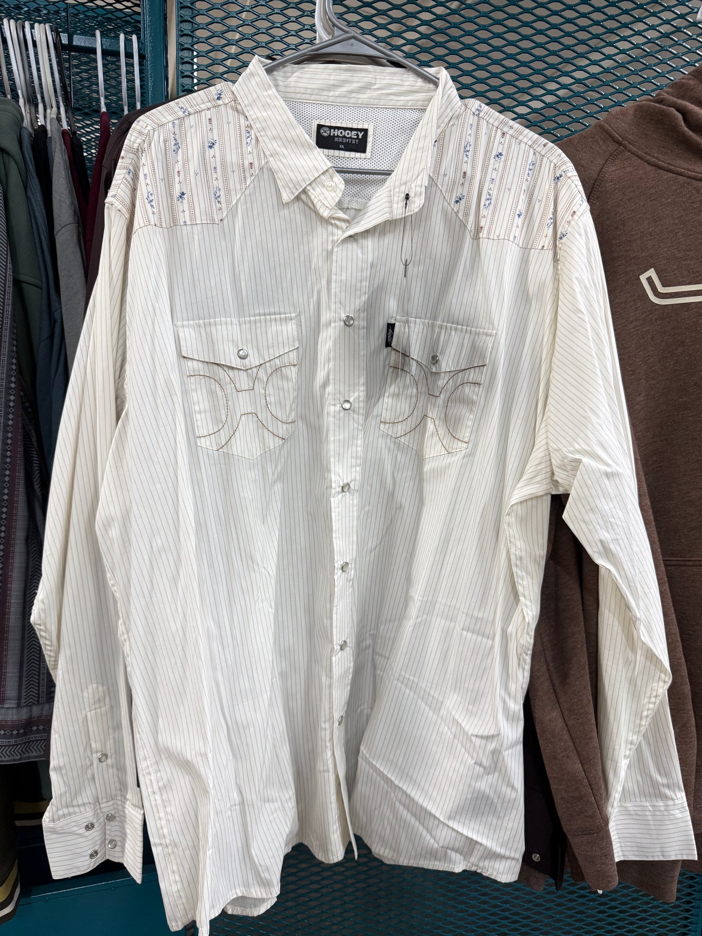 Dos Sol Men’s Cream with Stripes and Patter on Yoke Long Sleeve Pearl Snap with Lens Cleaner-XXL