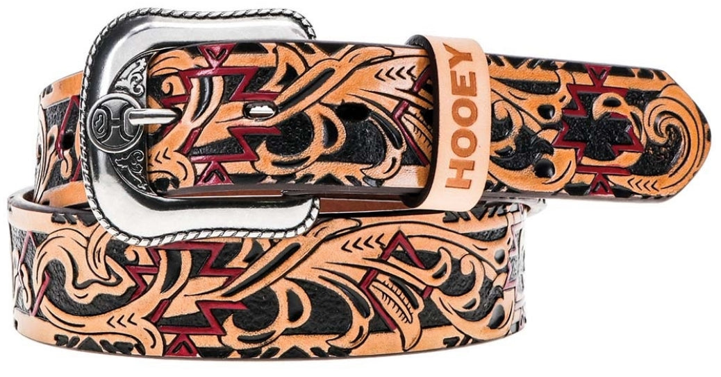Sundown 1.5 Hooey Aztec Filigree Embossed Tan Full Grain Leather Belt with Black & Red Painted Accents - 32