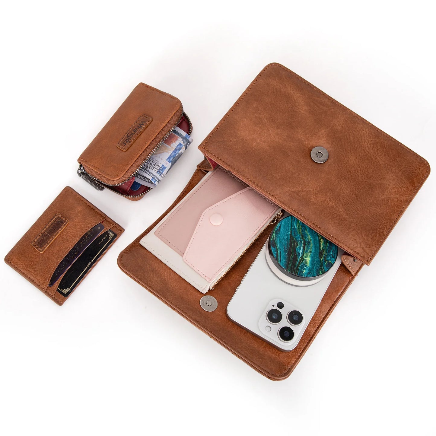 Wrangler 3PCs Set Mini Top Handle Crossbody/Wallet/Card Case Set - Brown