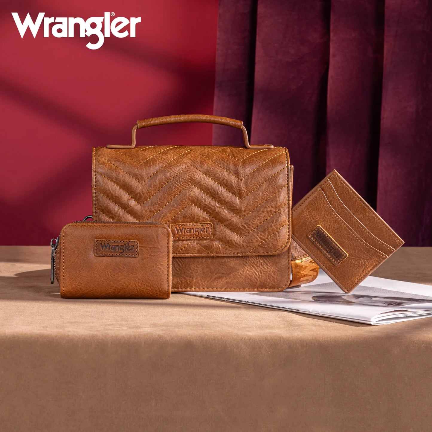 Wrangler 3PCs Set Mini Top Handle Crossbody/Wallet/Card Case Set - Brown