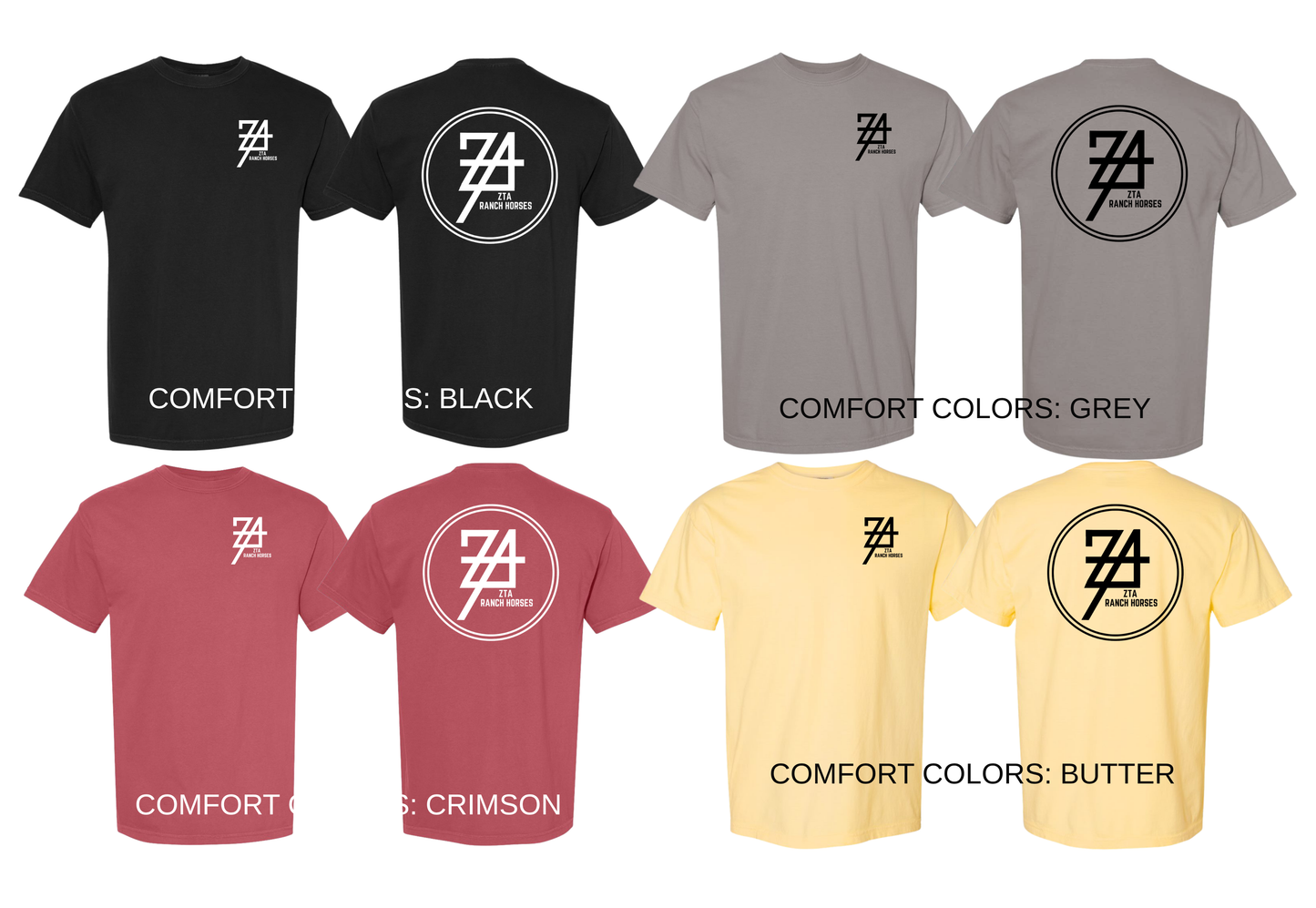 Collection of t-shirts in black, gray, crimson, and butter with a logo on the front and back.