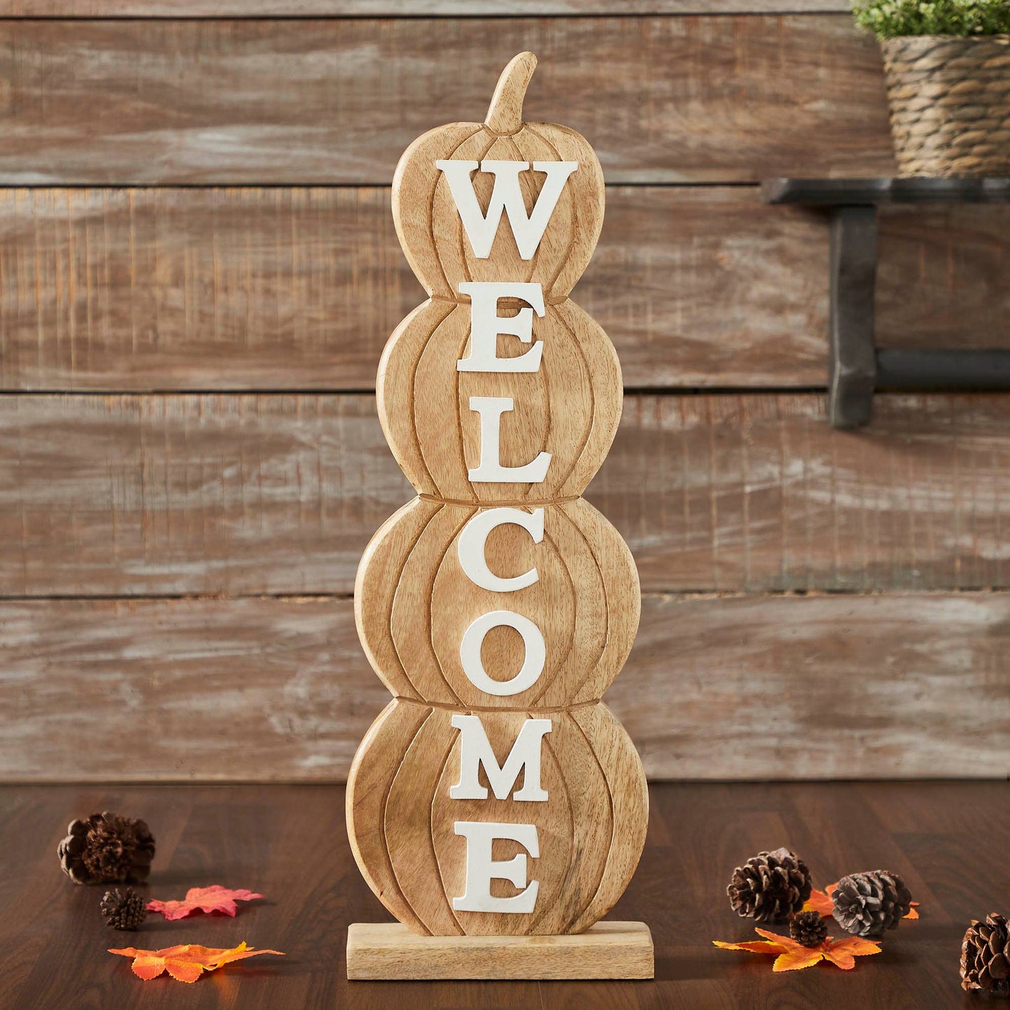 VHC Brands - Pumpkin Stack Welcome Wooden Sign Large 24.5x8.25x3 - Wines'Designs