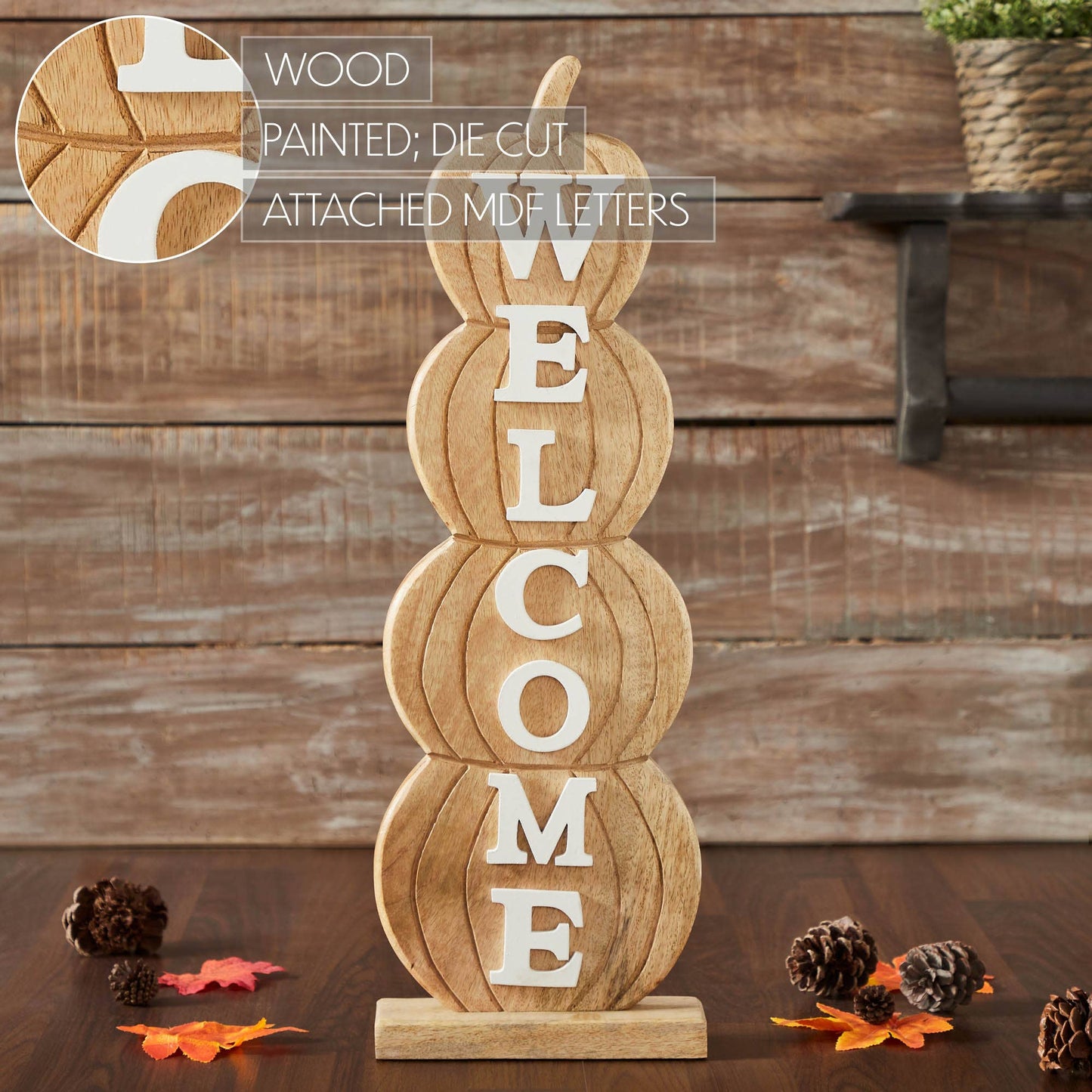 VHC Brands - Pumpkin Stack Welcome Wooden Sign Large 24.5x8.25x3 - Wines'Designs