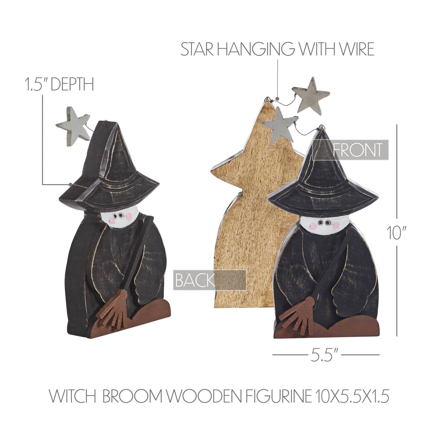 VHC Brands - Witch w/ Broom Wooden Figurine 10x5.5x1.5 - Wines'Designs