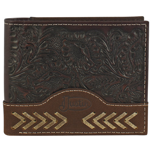 JUSTIN MENS BIFOLD GENUINE LEATHER BROWN W/ TOOLING AND RAWHIDE