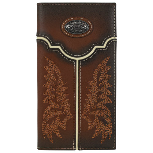 JUSTIN MENS RODEO WALLET GENUINE LEATHER W/BURNISHED TAN YOKE AND CONCHO