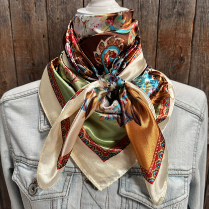 Brown and Cream Floral Wild Rag - Western Scarf
