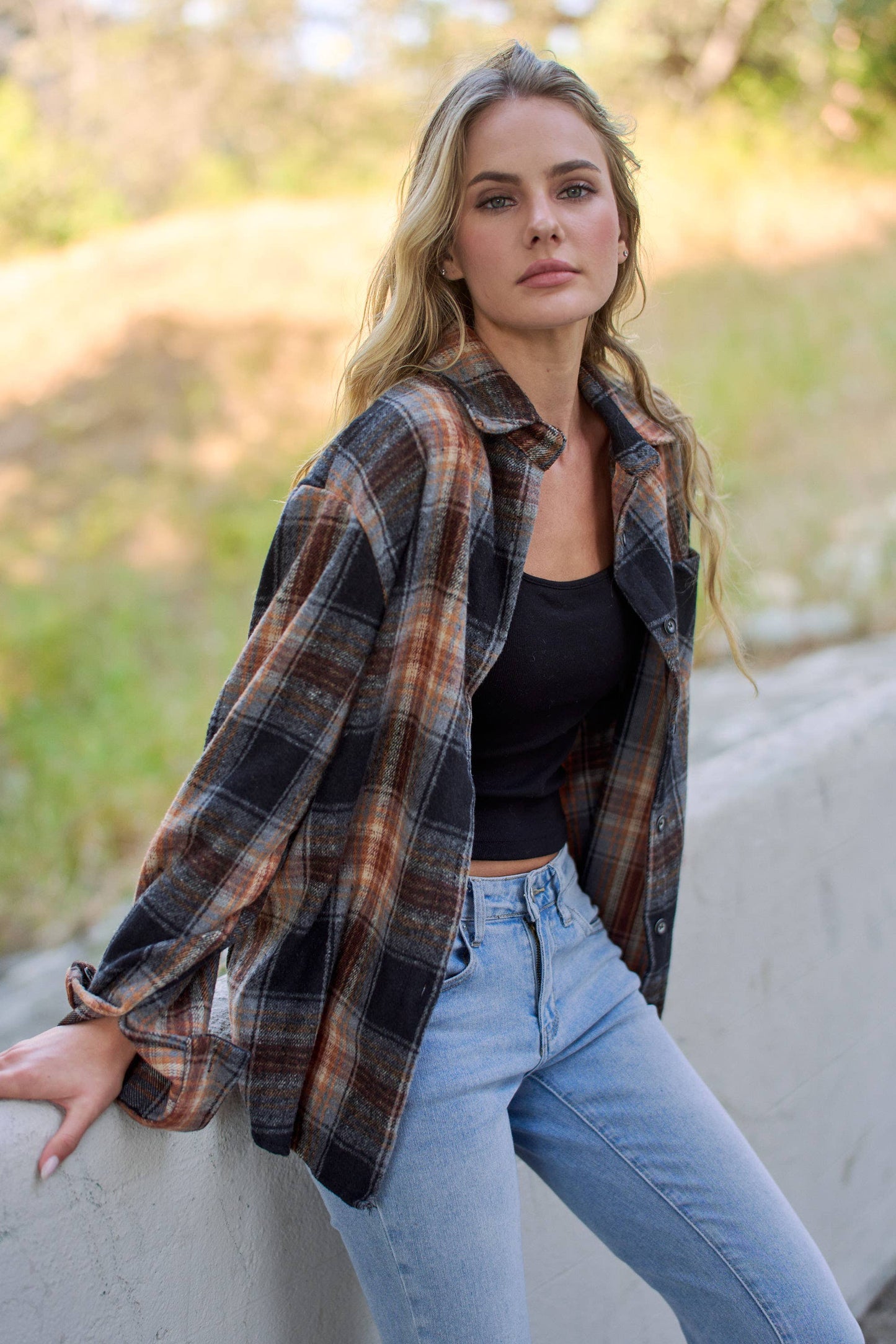 PLAID ROLLED SLEEVES BUTTON DOWN SHACKET