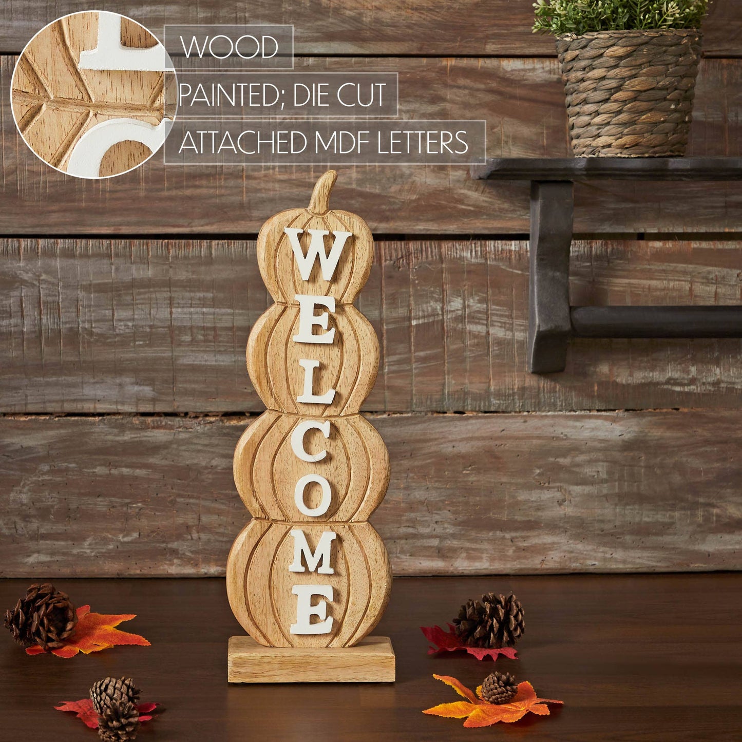 VHC Brands - Pumpkin Stack Welcome Wooden Sign Medium 16.5x5.5x2.5 - Wines'Designs