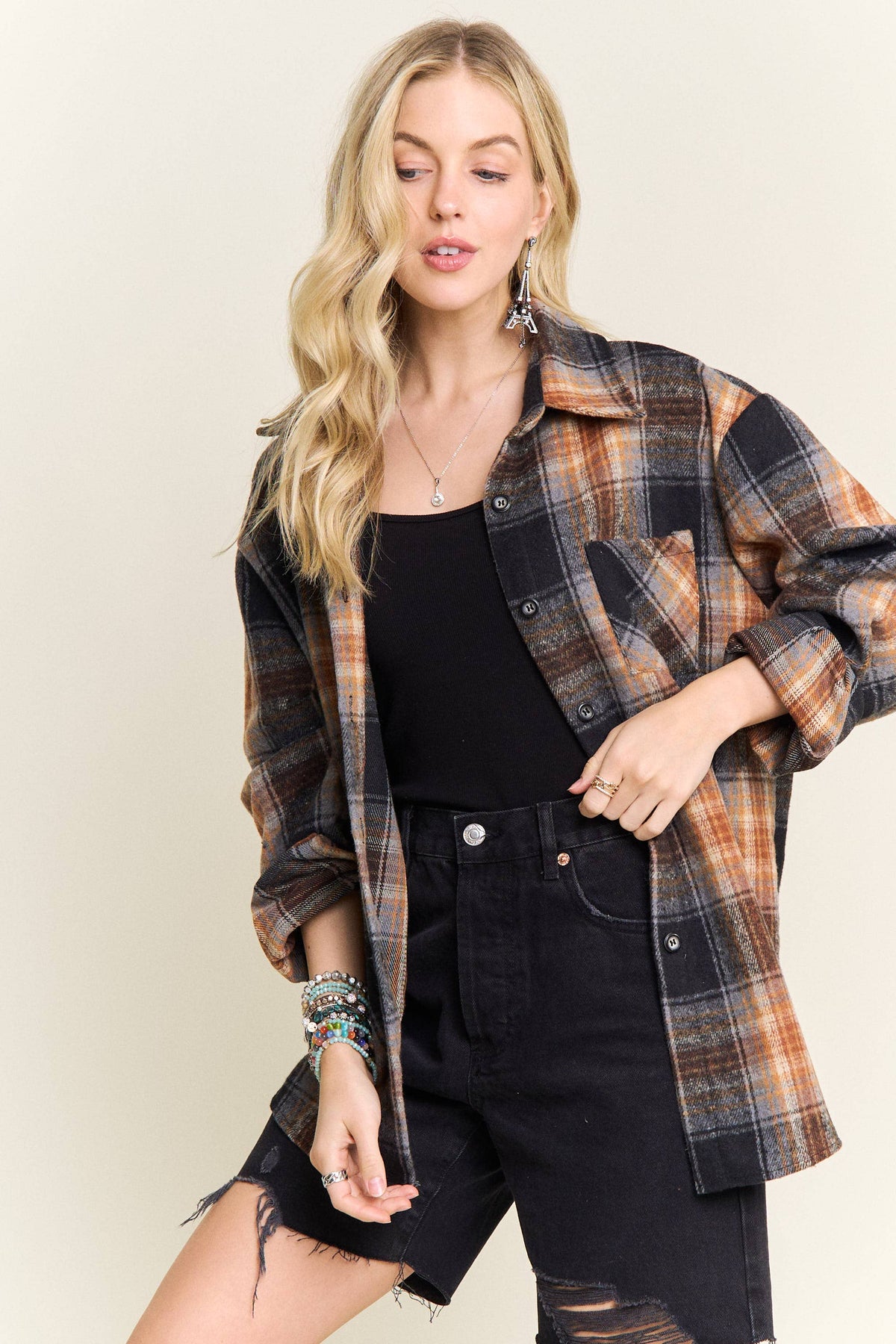 PLAID ROLLED SLEEVES BUTTON DOWN SHACKET