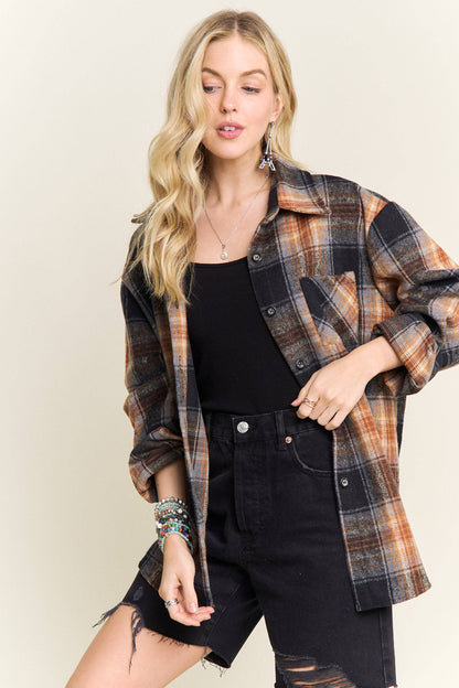 PLAID ROLLED SLEEVES BUTTON DOWN SHACKET