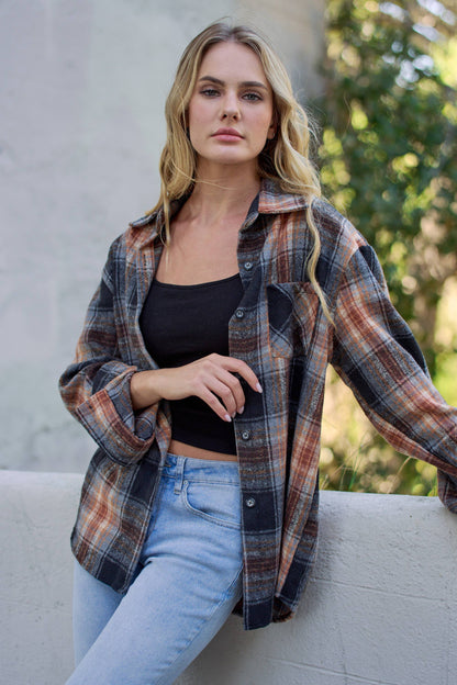 PLAID ROLLED SLEEVES BUTTON DOWN SHACKET