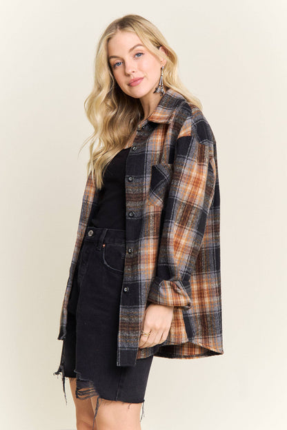 PLAID ROLLED SLEEVES BUTTON DOWN SHACKET