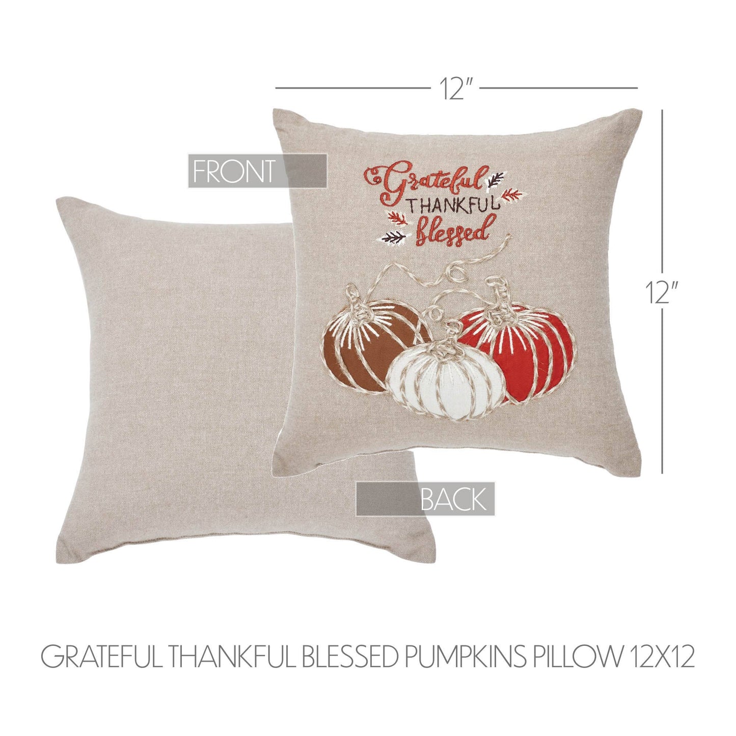 VHC Brands - Grateful Thankful Blessed Pumpkins Pillow 12x12 - Wines'Designs