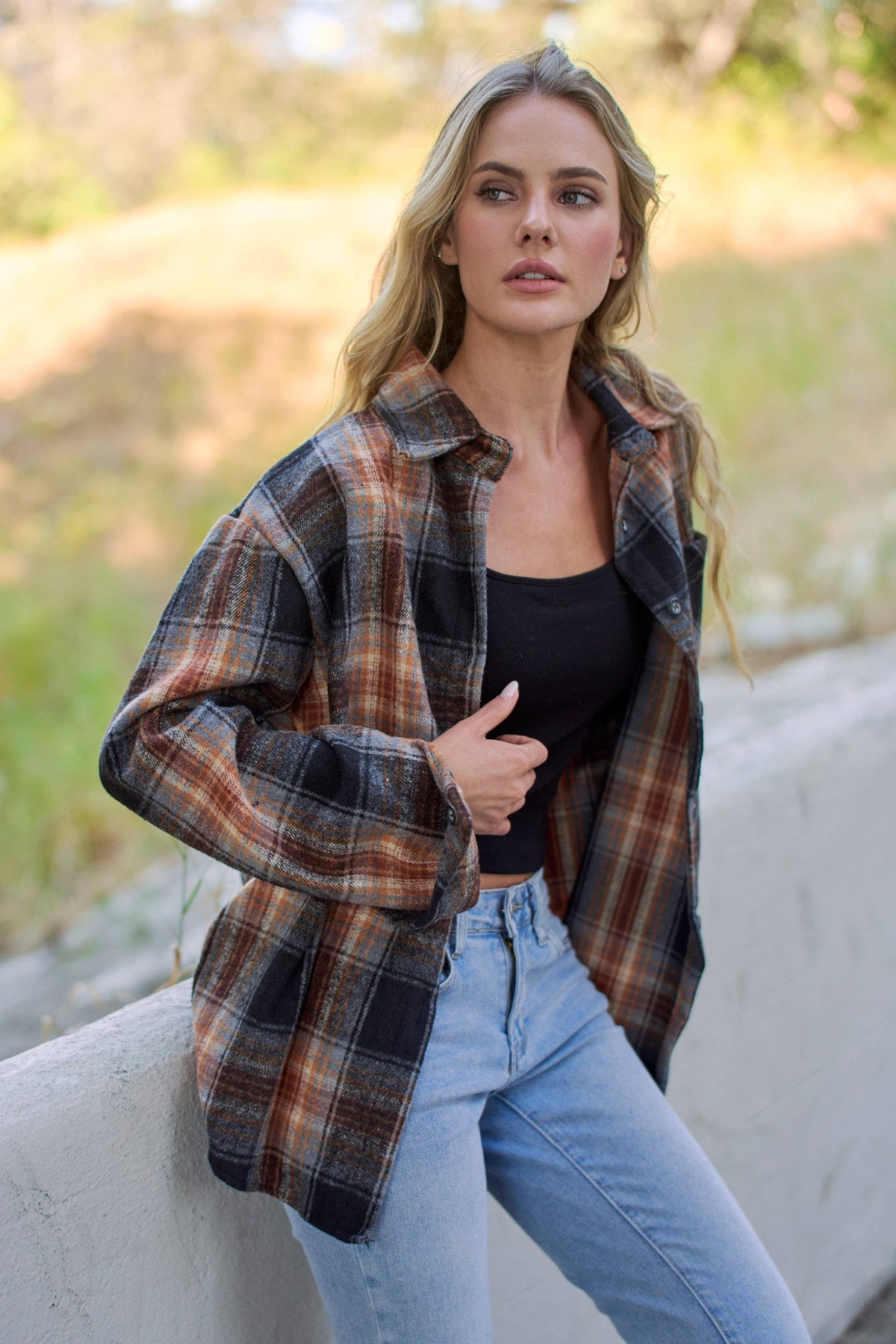 PLAID ROLLED SLEEVES BUTTON DOWN SHACKET