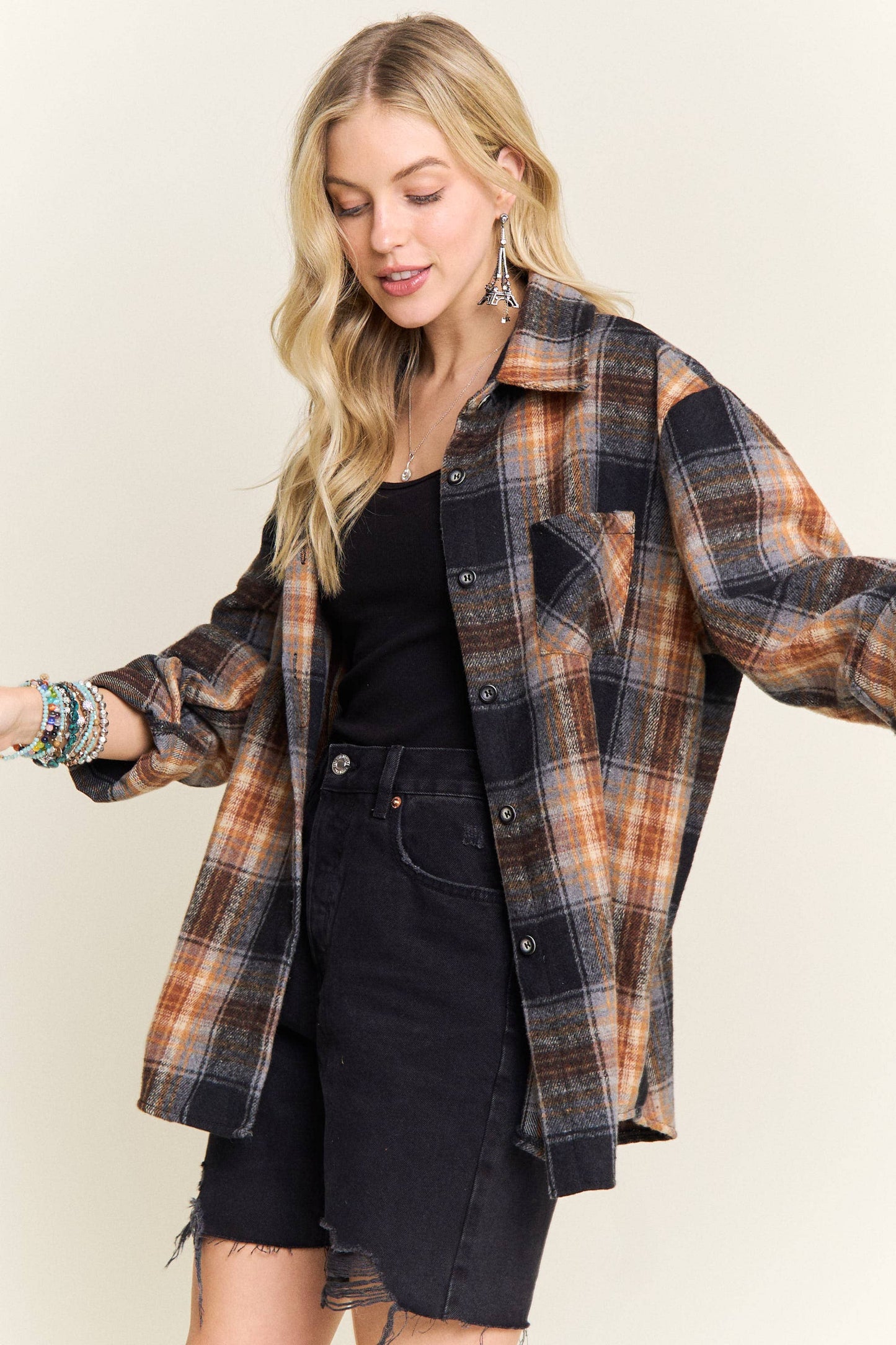 PLAID ROLLED SLEEVES BUTTON DOWN SHACKET
