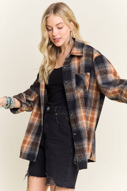 PLAID ROLLED SLEEVES BUTTON DOWN SHACKET