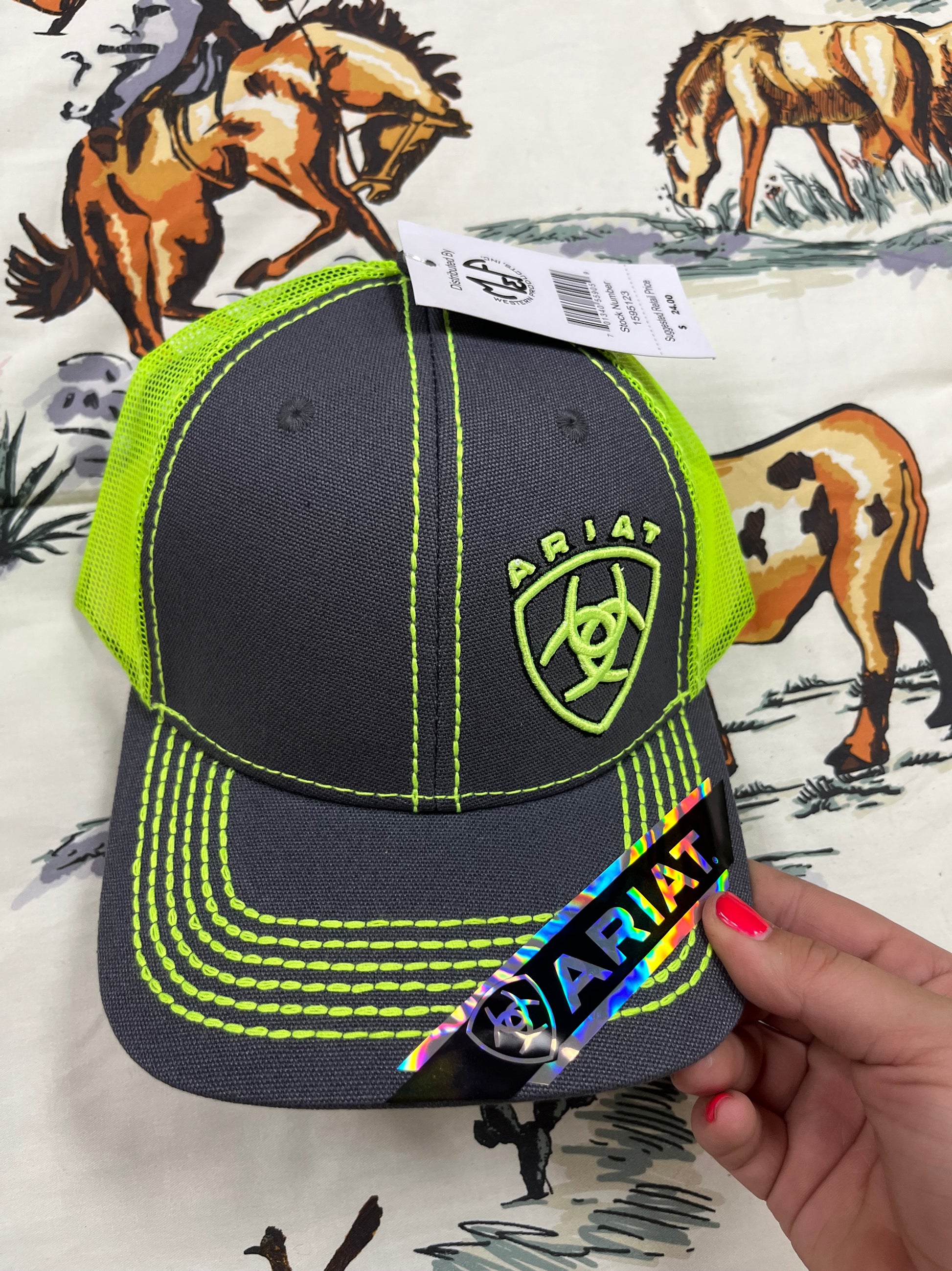 Ariat-Green stitching on a grey/neon green cap - Wines'Designs