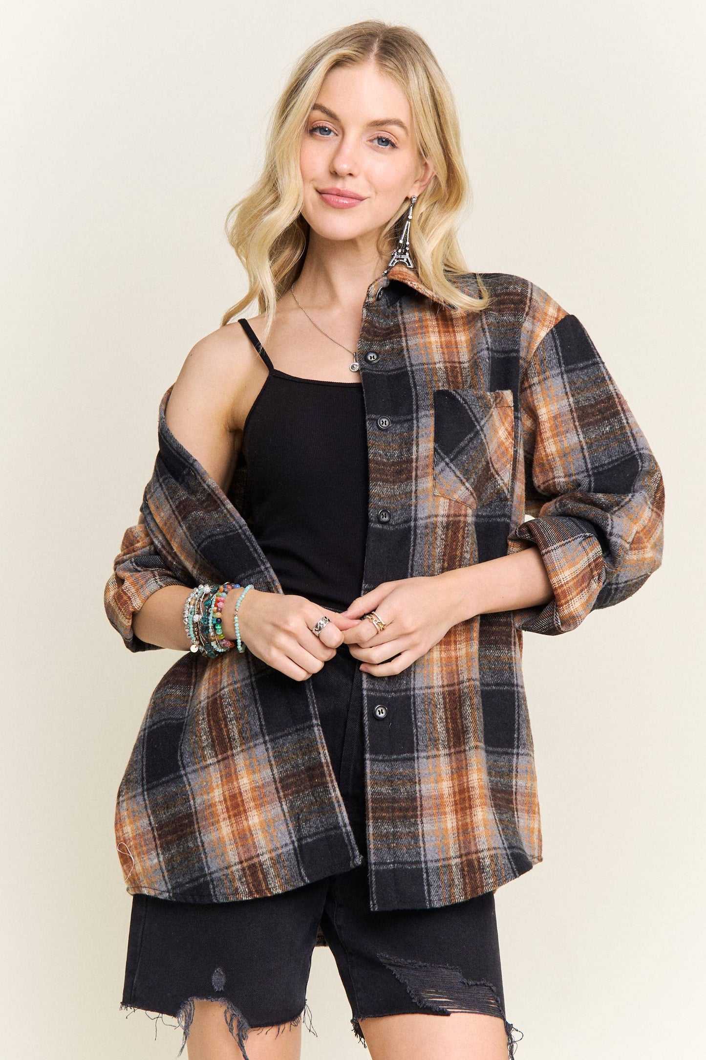 PLAID ROLLED SLEEVES BUTTON DOWN SHACKET