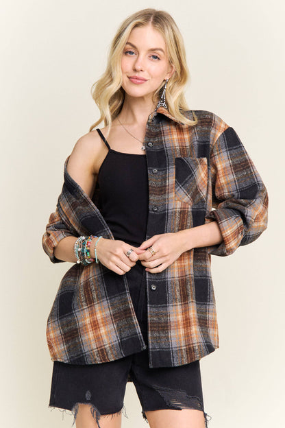 PLAID ROLLED SLEEVES BUTTON DOWN SHACKET
