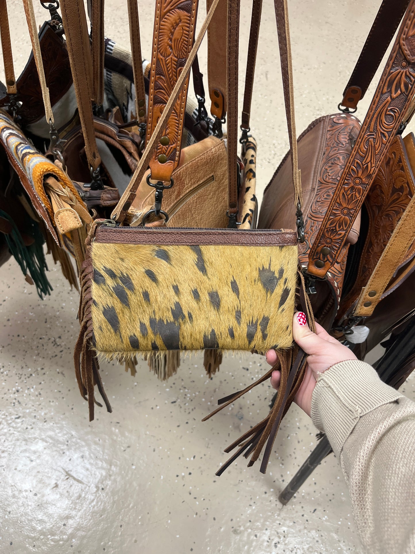 Small Acid wash hide fringe crossbody