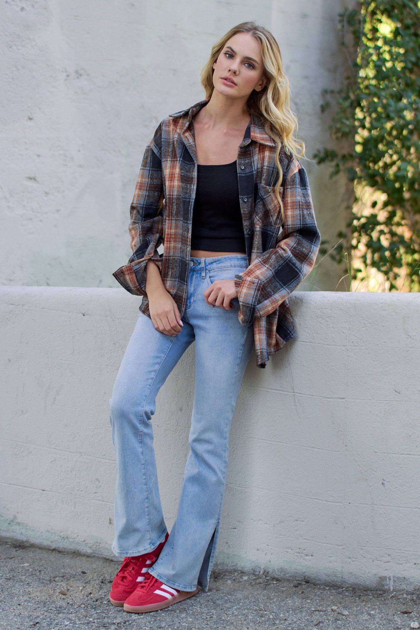 PLAID ROLLED SLEEVES BUTTON DOWN SHACKET