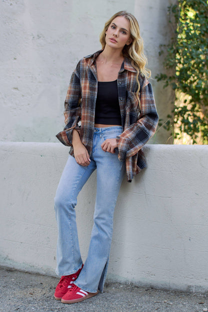 PLAID ROLLED SLEEVES BUTTON DOWN SHACKET