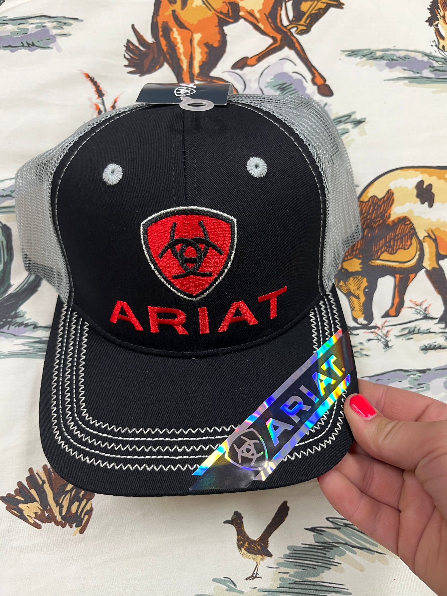 Ariat-Red stitching on a black/grey cap - Wines'Designs