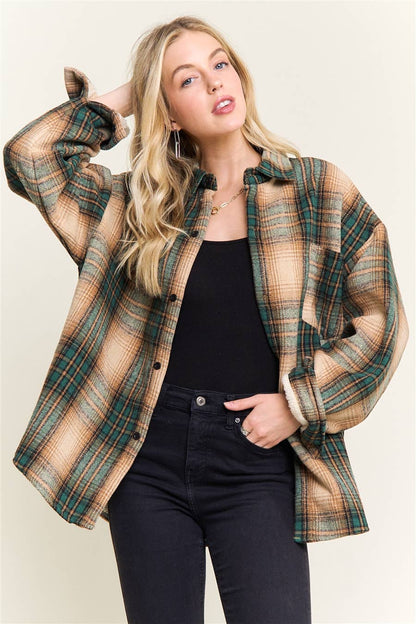 PLAID SHERPA-LINED BUTTON DOWN SHACKET