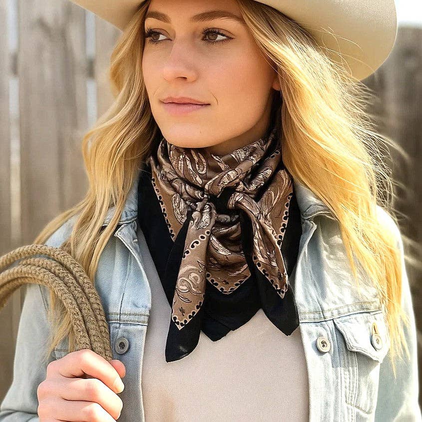 Black and Tan Floral Paisley Wild Rag - Western Scarf
