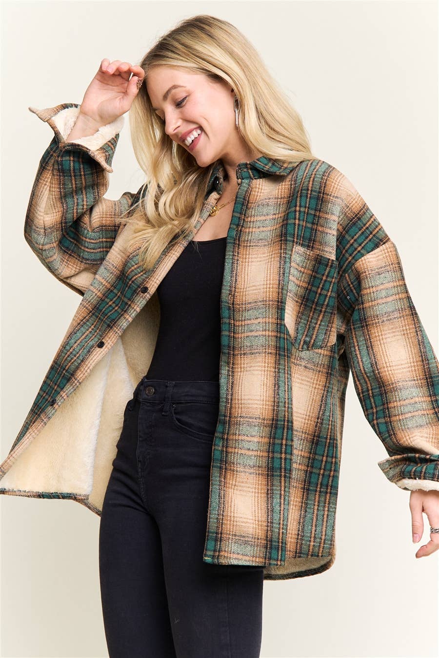 PLAID SHERPA-LINED BUTTON DOWN SHACKET