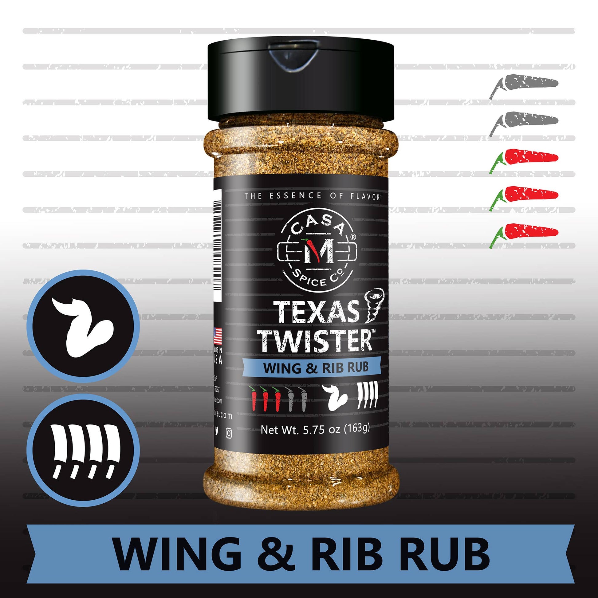 Casa M Spice Co LLC - NEW!  Texas Twister™ Wing & Rib Rub - Plastic Shaker - Wines'Designs