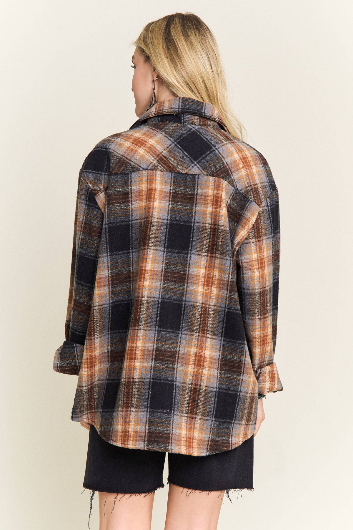 PLAID ROLLED SLEEVES BUTTON DOWN SHACKET