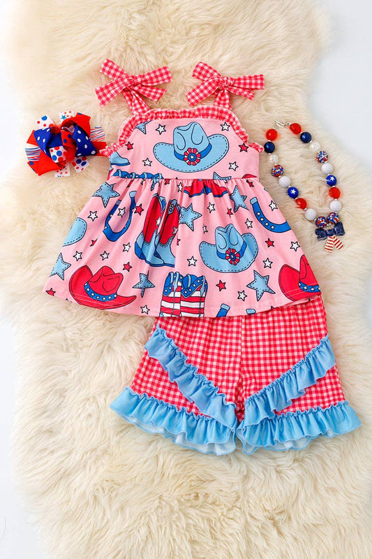 Western cow girls pink tunic with red gingham shorts. OFG50480 SOL