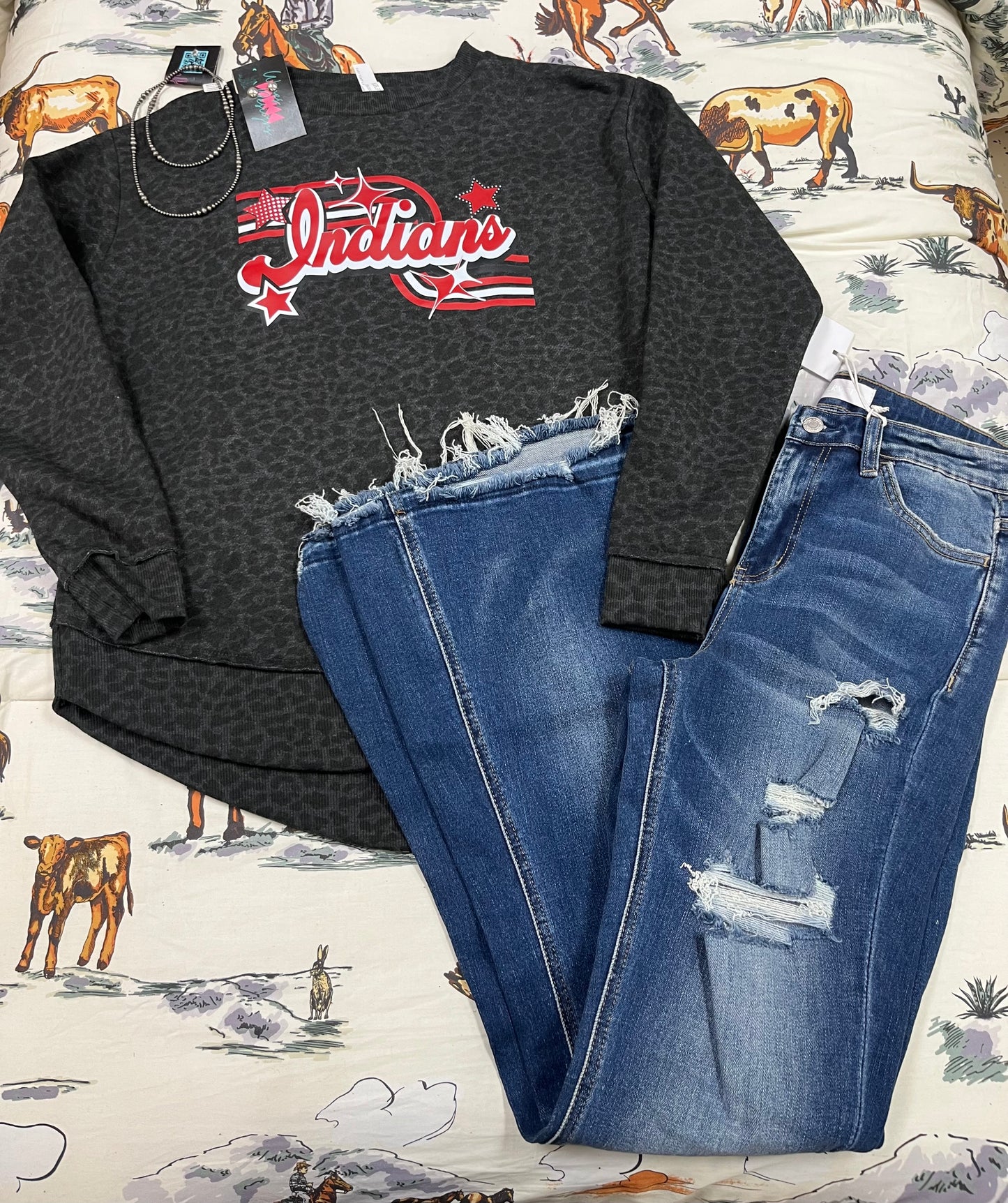 Indians retro on a black leopard LAT sweatshirt