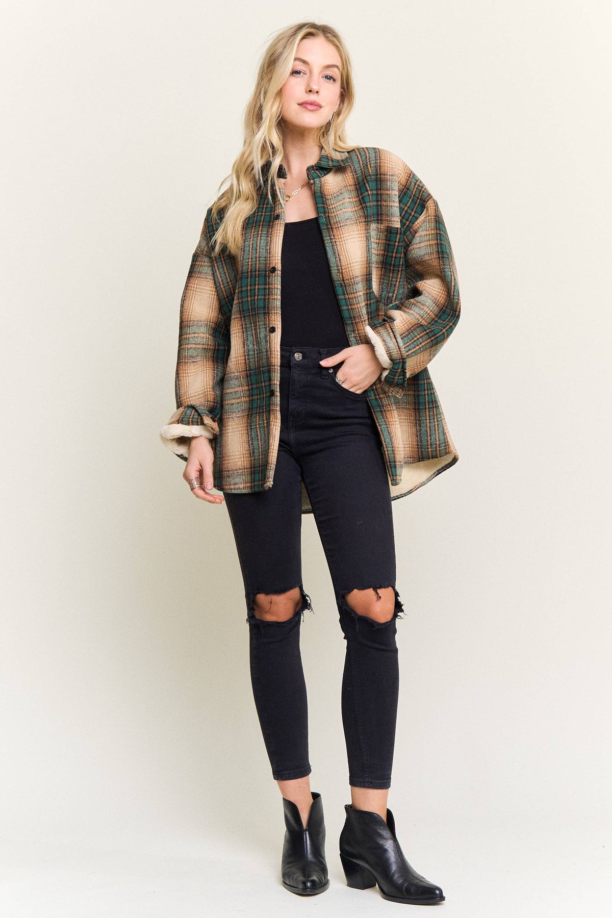PLAID SHERPA-LINED BUTTON DOWN SHACKET