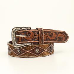 Ariat Mens Belt 1 1/2 Calf Hair Concho Tooled Brown