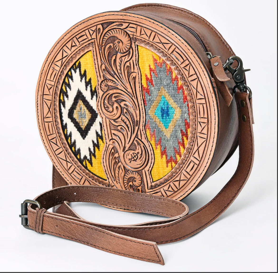 Tooled canteen crossbody with saddle blanket inlay - Wines'Designs