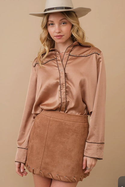 Tan Western Contrast Piping Detail Studded Shirt Blouse