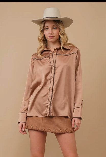 Tan Western Contrast Piping Detail Studded Shirt Blouse