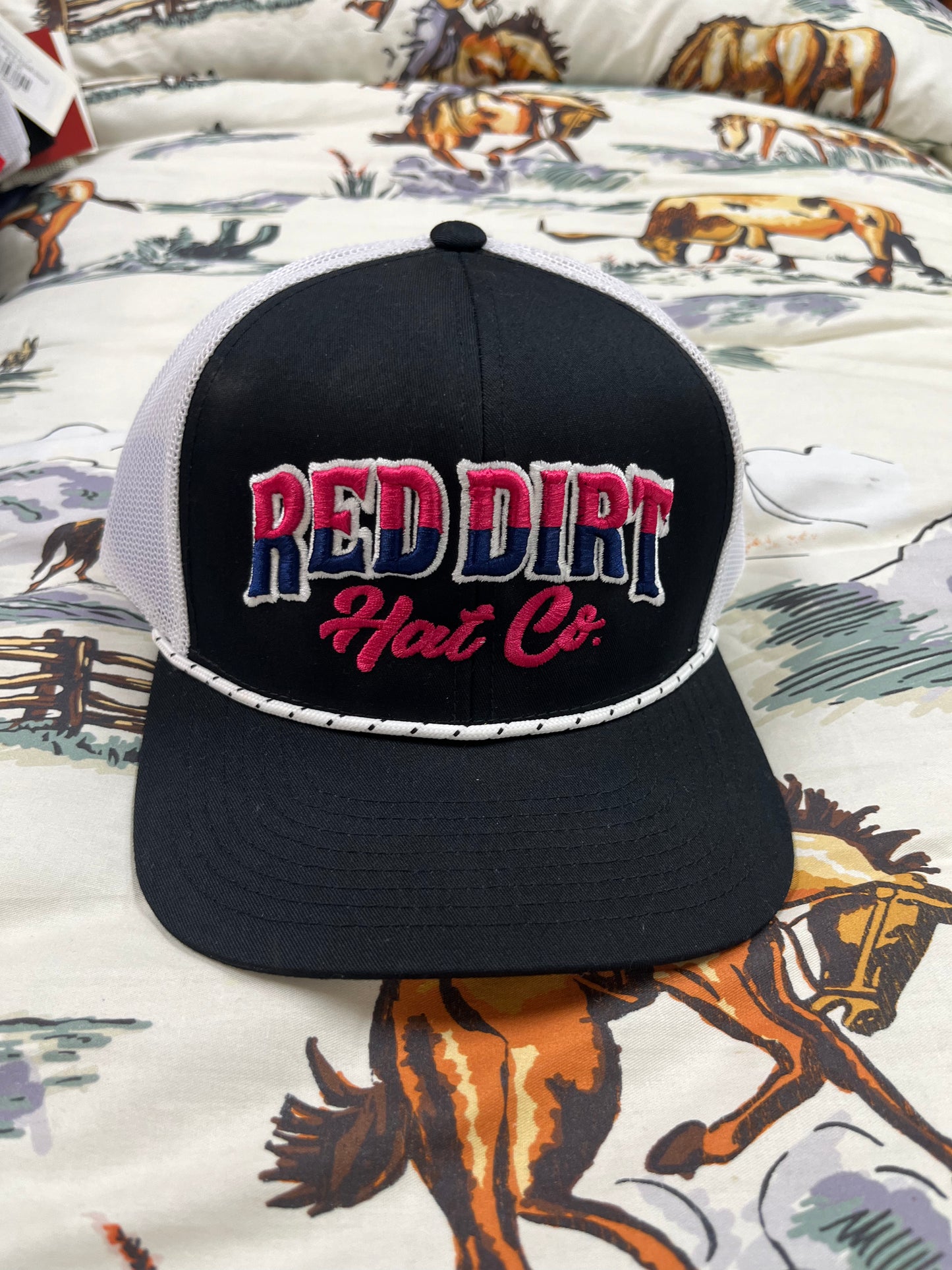 Red Dirt white/pink/navy stitching on black/white cap - Wines'Designs