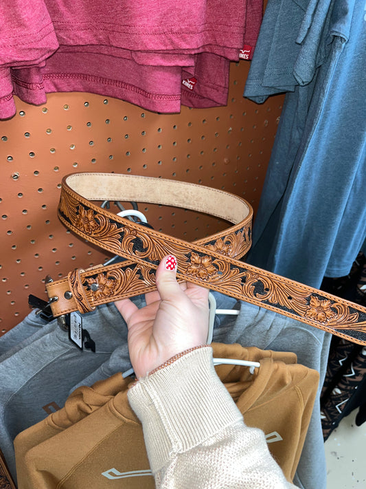 Black and tan floral leather belt