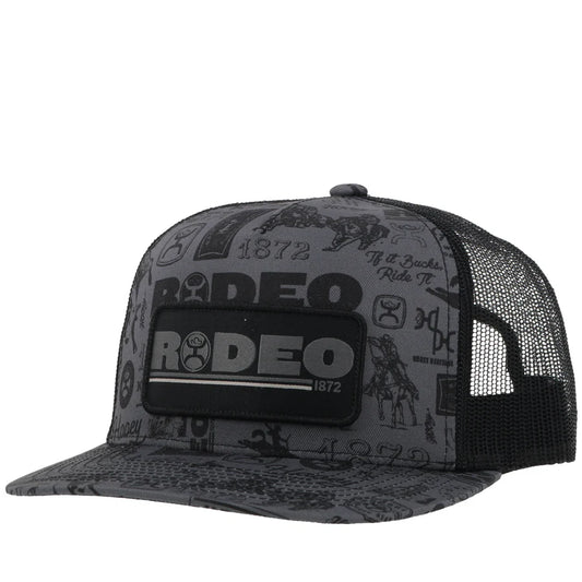 Rodeo Hooey Black 5-Panel Trucker with Rodeo Pattern and Black Rectangle Patch - OSFA