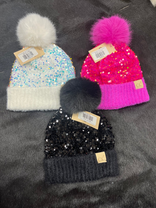 KIDS Cluster Sequin Faux Fur Pom C.C Beanie - Wines'Designs