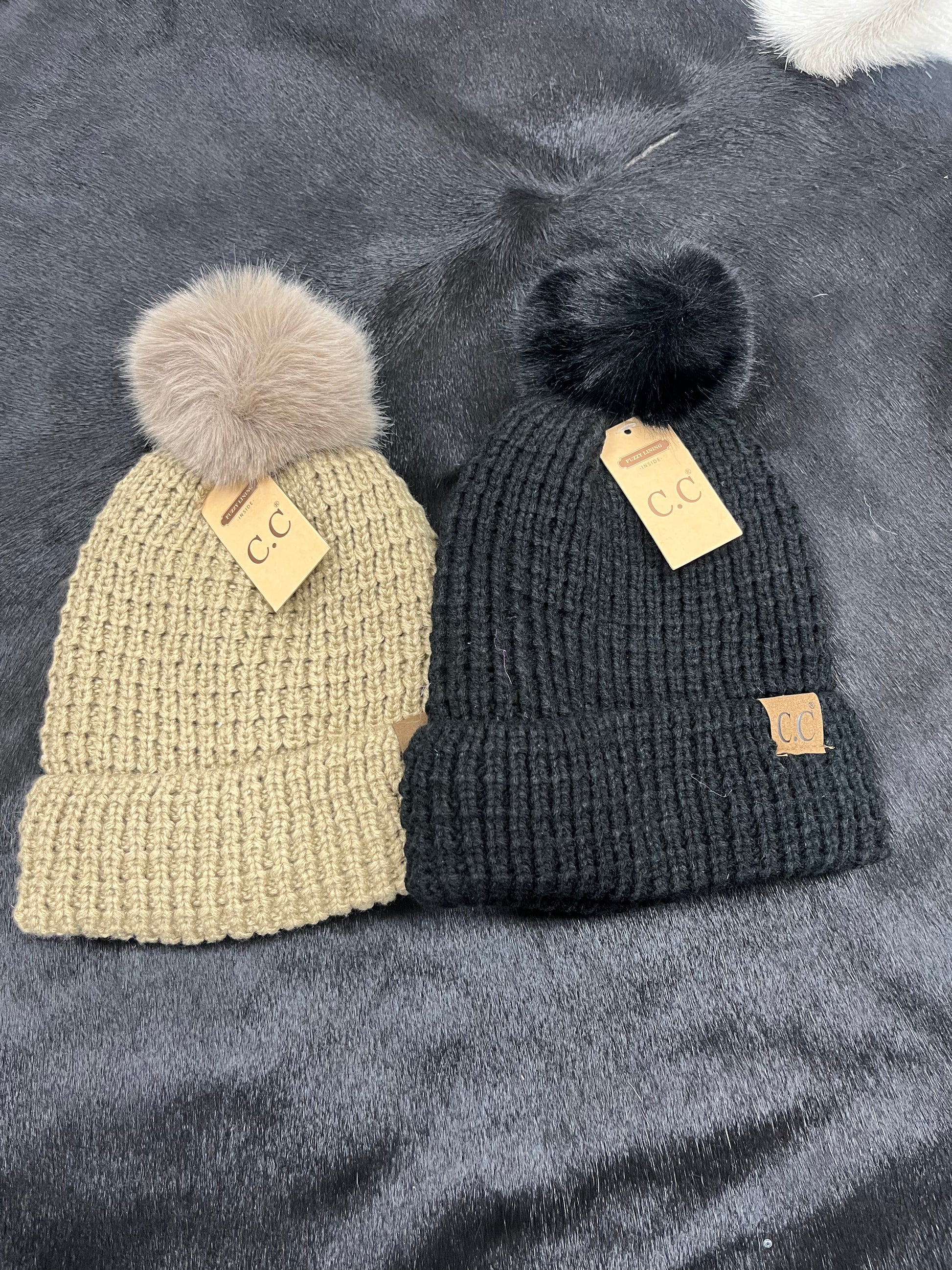 Waffle Knit Faux Fur Pom C.C Beanie - Wines'Designs