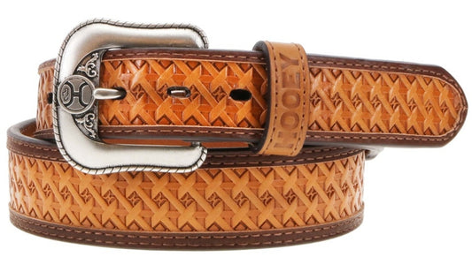 Hands-Up Basket Weave 1.75-1.5 Tapered Hooey Basketweave Embossed Natural Leather Belt with Brown Double Welt Edge and Accents - 32
