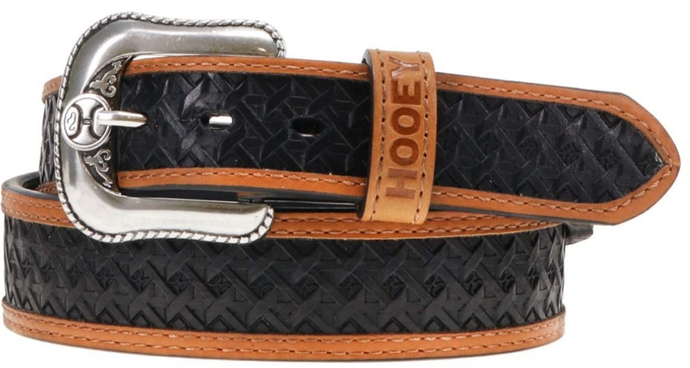 Hands-Up Basket Weave 1.75-1.5 Tapered Hooey Basketweave Embossed Black Leather Belt with Tan Double Welt Edge and Accents - 42